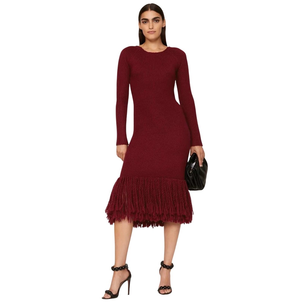 Marina Moscone Red Knit‎ Sweater Dress Fringe Trim Long Sleeve Midi S